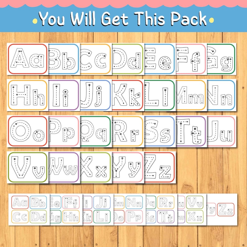 Puede incluir: Un conjunto de tarjetas educativas del alfabeto con letras may&uacute;sculas y min&uacute;sculas que incluyen flechas direccionales para trazar. Las tarjetas est&aacute;n dispuestas en filas, cada una con un borde de color, y el texto "You Will Get This Pack".