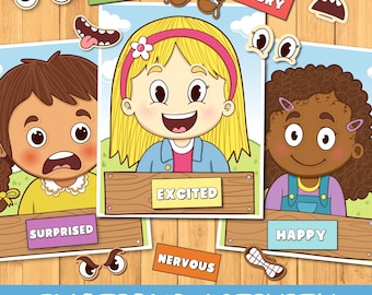 May include: An emotions activity set featuring three illustrated children with various facial expressions. The set includes detachable paper eyes and mouths labeled with words like Sickly, Angry, Excited, Surprised, Happy, and Nervous.