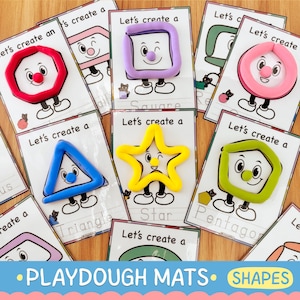 May include: Playdough mats with colourful shapes including a red octagon, a purple square, and a yellow star. Each shape has a face and is on a card with the text "Let's create a". The words "PLAYDOUGH MATS" and "SHAPES" are also visible.