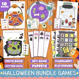 Puede incluir: Una colección de hojas de actividades y juegos imprimibles con temática de Halloween que incluyen ilustraciones de calabazas, fantasmas, calderos y monstruos. El set incluye tarjetas de conteo, tiras de trazo y páginas de búsqueda interactiva.