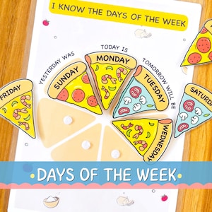 May include: A colorful educational chart with pizza-shaped days of the week. The chart includes the text "I KNOW THE DAYS OF THE WEEK" and "DAYS OF THE WEEK". Each pizza slice represents a day, with toppings like pepperoni, shrimp, and mushrooms.