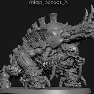 May include: A detailed, grey 3D model of a monstrous creature with a large, armoured body, multiple limbs, and sharp claws. The creature has a menacing, insectoid appearance, with a prominent head and multiple sharp protrusions.