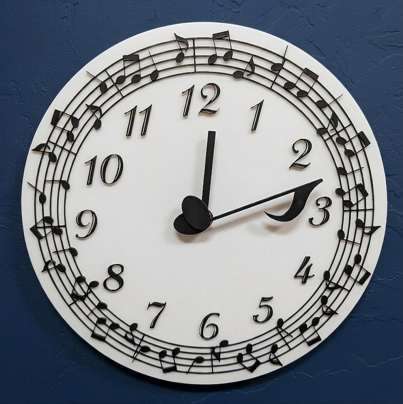 Music Note Wall Clock - 3D Printed Black and White Timepiece - Music ...