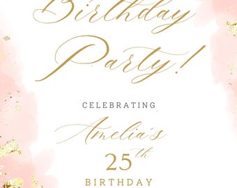 May include: A birthday party invitation with a watercolor background in shades of pink and gold glitter accents. The text reads "Join us for a Birthday Party!" and celebrates Amelia's 25th birthday on August 25th.