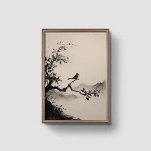 Stampa di uccello su un ramo, arte minimalista della natura, poster in bianco e nero, decorazione da parete zen, semplice arte di uccelli, stampa da parete pacifica / stampe digitali