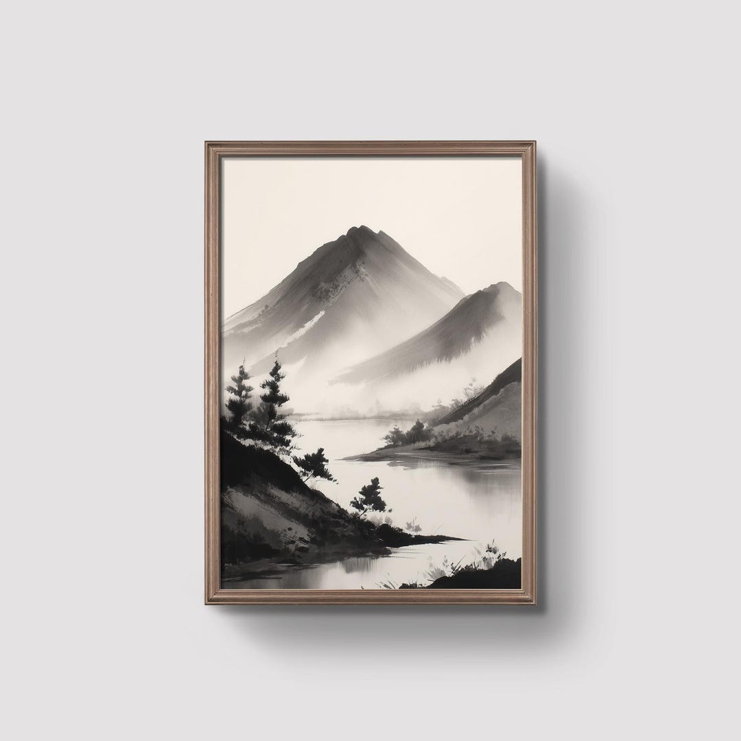 Misty Mountain Wall Art, Japanese Ink Landscape, Minimalist Printable ...