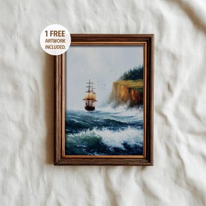 Vintage Sailing Ship Art, Dramatic Ocean Cliffs, Maritime Wall Decor, Nautical Seascape Print, Classic Ship Poster | Digital Prints