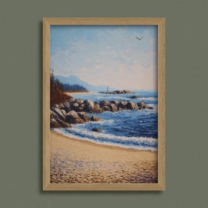 Printable Golden Shore and Distant Lighthouse Wall Art | Digital Prints