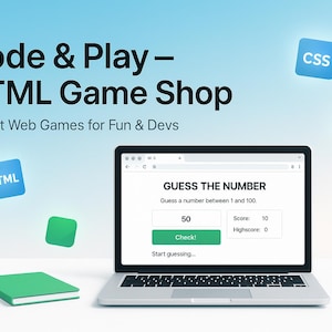 以下が含まれることがあります： 「GUESS THE NUMBER」というテキストが表示されたウェブゲームインターフェースを表示するラップトップ。画像には「Code & Play - HTML Game Shop」というテキストと、HTML、CSS、JSのフローティングアイコンが含まれています。緑色の本とマウスも表示されています。