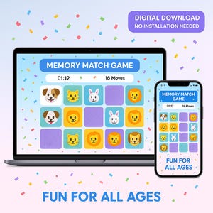 Puede incluir: Un portátil y un smartphone muestran un "Memory Match Game" con gráficos de animales. El juego incluye un temporizador, un contador de movimientos y el texto "Fun for All Ages". Hay una descarga digital disponible.