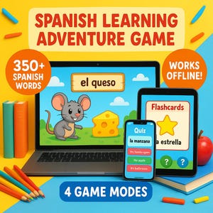 May include: A digital Spanish learning game is displayed on a laptop, tablet, and smartphone. The laptop screen shows a cartoon mouse and cheese with the word "el queso." The image includes the text "350+ Spanish Words" and "4 Game Modes." The game works offline.