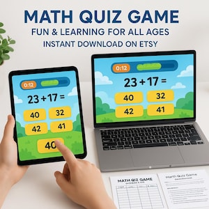 Puede incluir: Una tableta y un portátil muestran un juego de preguntas de matemáticas con el texto "MATH QUIZ GAME" y "FUN & LEARNING FOR ALL AGES". El cuestionario muestra la ecuación 23 + 17 = con respuestas de opción múltiple. También se ve una hoja de trabajo impresa.