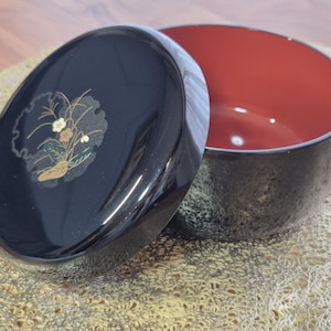 Miso soup bowl Japanese lacquerware bowl for serving rice red and black with floral detail authentic Japanese table ware