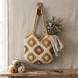 May include: A crochet tote bag constructed from square motifs in shades of mustard yellow, olive green, and cream. The bag features two long shoulder straps and contains a bouquet of dried flowers and a folded beige cloth inside the main opening.