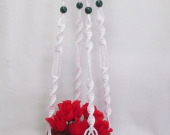 MACRAME Plant Hanger 50 inch Button Knot Style with GREEN BEADS and 6mm White Cord - Choose Cord Color