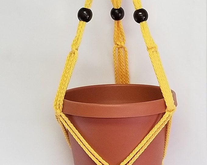 Macrame Plant Hanger 20 in FRIENDSHIP Style with Beads - 4mm Sunshine Yellow Cord - Choose cord color