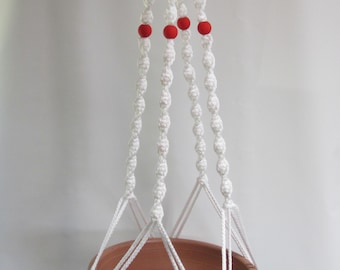 MACRAME Plant Hanger 52 in Deluxe Style with  Red BEADS - 6mm White Cord (Choose Cord Color)