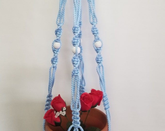 MACRAME Plant Hanger 40 inch Vintage Style 6mm Sky Blue cord with white BEADS - Choose Cord Color