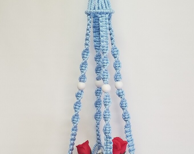 MACRAME Plant Hanger 40 inch Deluxe Style with WHITE Beads - 6mm Sky Blue Cord (Choose Cord Color)