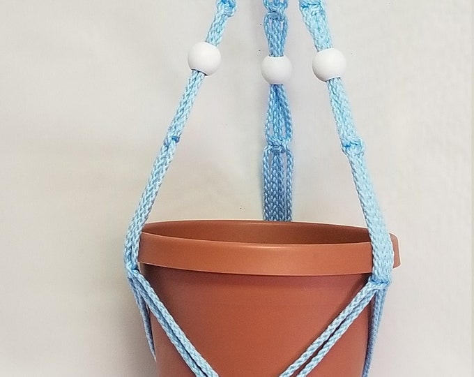 Macrame Plant Hanger 20 in FRIENDSHIP Style with White Beads - Sky Blue Cord - Choose Cord Color