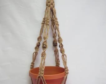 Macrame Plant Hanger 30 inch Vintage Crown Style With Beads and Natural Jute