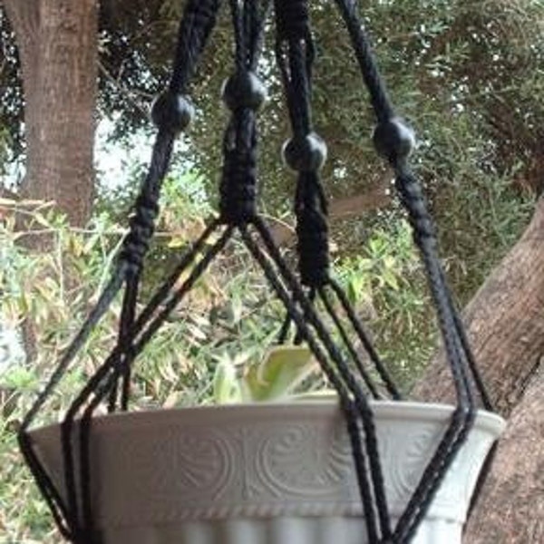 Macrame Plant Hanger 24 Inch Vintage Style BLACK BEADS 4mm Cord Choose Cord Color