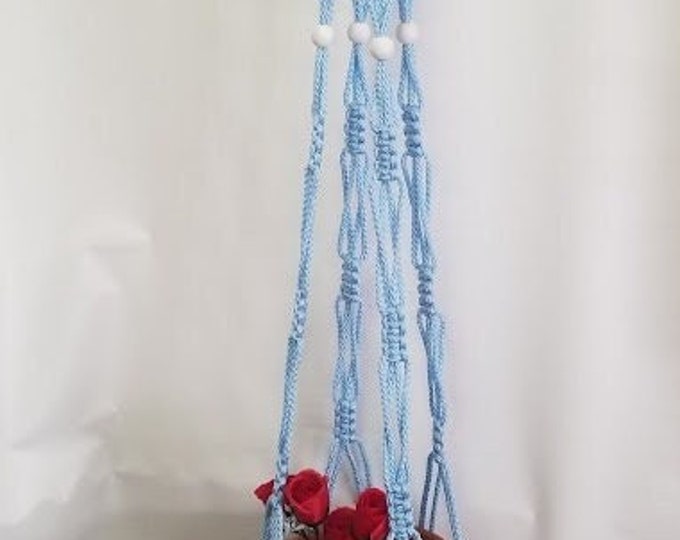 Macrame Plant Hanger 55 inch Vintage Style with WHITE BEADS strong 6mm Sky Blue Cord (Choose Cord Color)