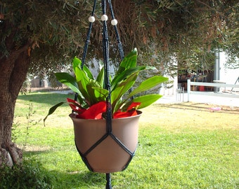 Macrame Plant Hanger 43 in SIMPLE 3-ARM 6mm -Navy Blue with White Beads (Choose Cord Color)