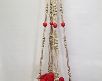 Macrame Plant Hanger 46 inch Vintage Style with RED BEADS 6mm Pearl Cord (Choose Cord Color)