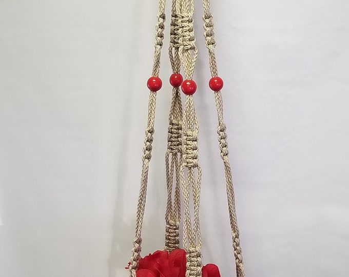 Macrame Plant Hanger 46 inch Vintage Style with RED BEADS 6mm Pearl Cord (Choose Cord Color)