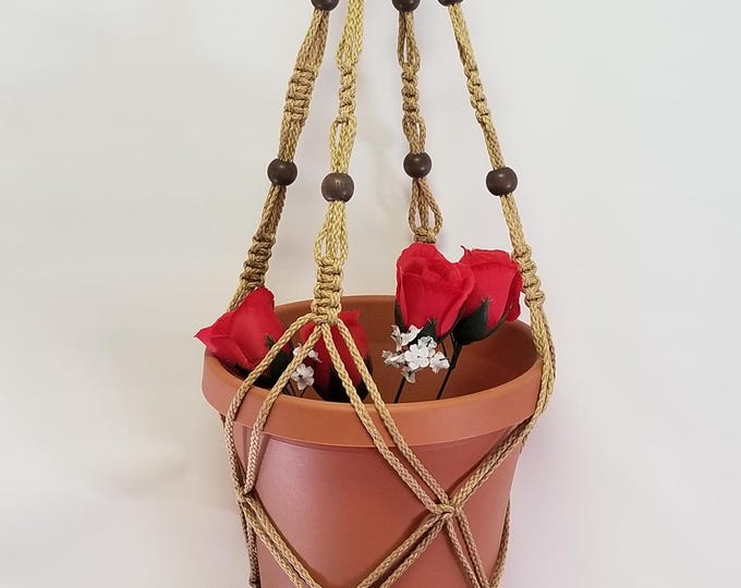 Macrame Plant Hanger 30 Inch Vintage Style 8 Beads - 4mm Sand cord (Choose Cord Color)