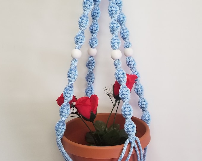 MACRAME Plant Hanger 32 in Deluxe Style with White BEADS - 6mm Sky Blue Cord (Choose Cord Color)