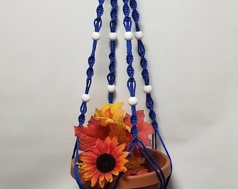 Macrame Plant Hanger 36 inch SPIRAL Style with 12 WHITE BEADS 4mm Royal Blue Cord - Choose Cord Color
