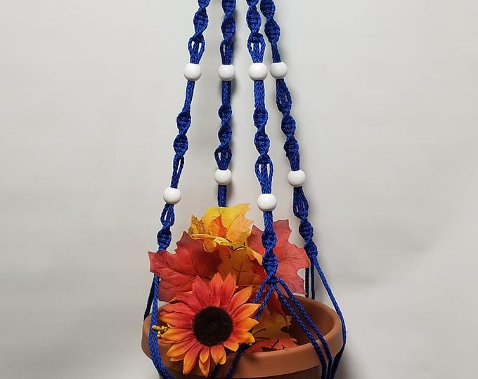 Macrame Plant Hanger 36 inch SPIRAL Style with 12 WHITE BEADS 4mm Royal Blue Cord - Choose Cord Color