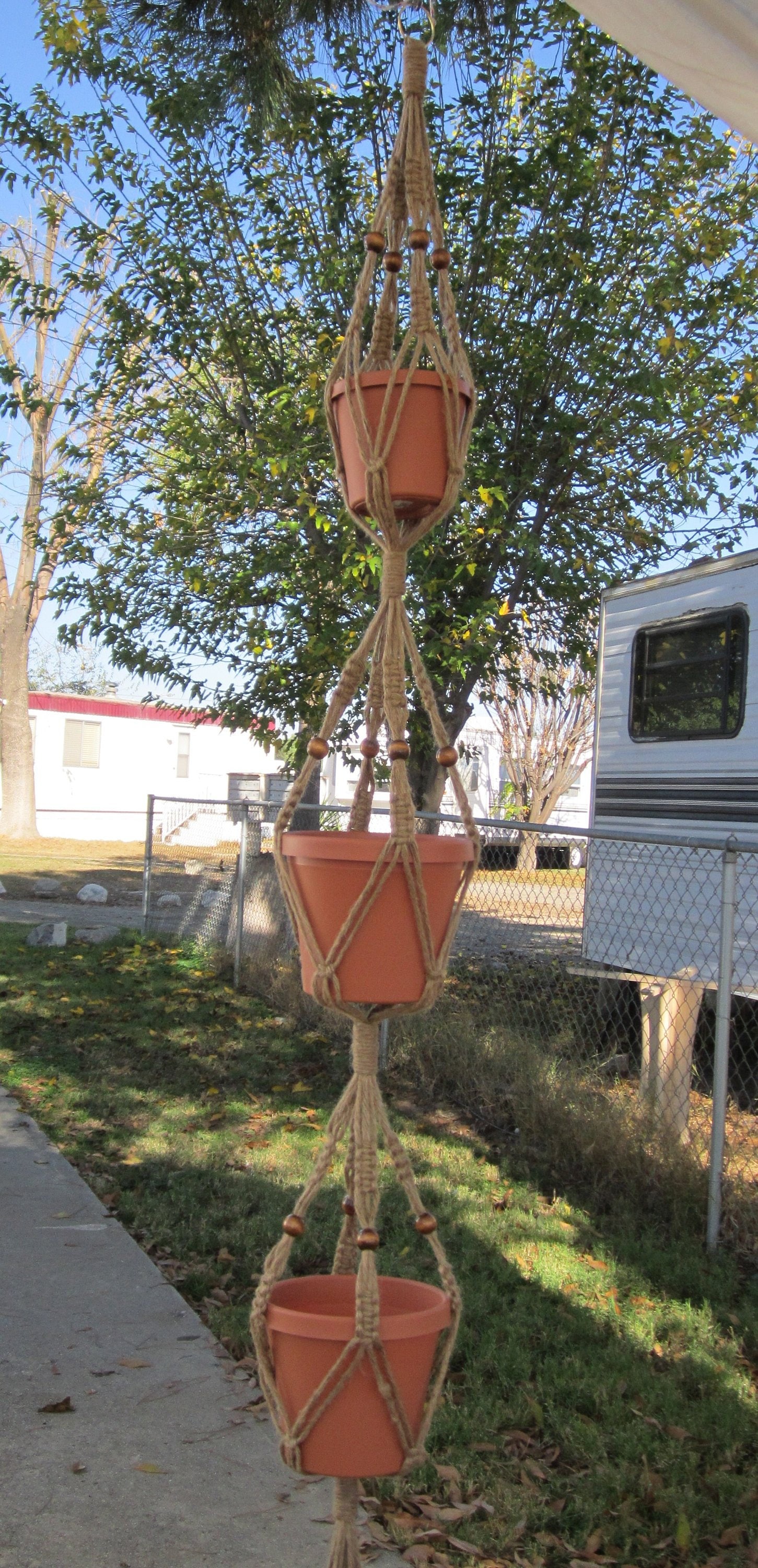 Macrame Plant Hanger 72 Inch 3 Tier 6 Ply Jute With Beads - 