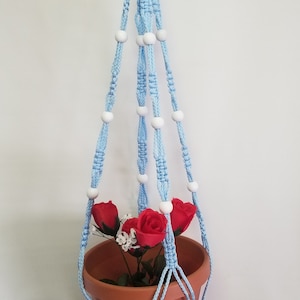 May include: A light blue macrame plant hanger with white beads and a terracotta pot with red flowers.