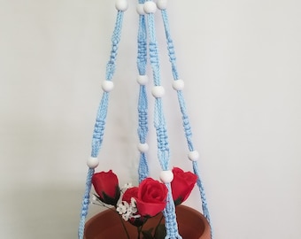 Macrame Plant Hanger 36 Inch Vintage Style with 12 WHITE BEADS - 4mm Sky Blue Cord  - Choose Cord Color
