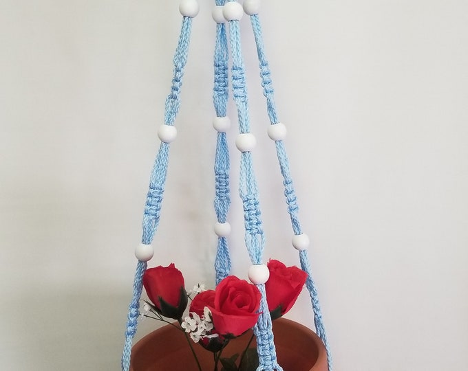 Macrame Plant Hanger 36 Inch Vintage Style with 12 WHITE BEADS - 4mm Sky Blue Cord  - Choose Cord Color