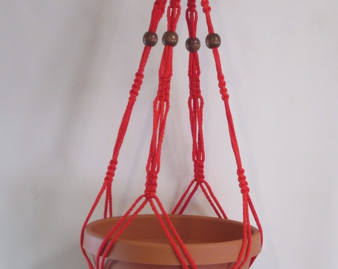 Macrame Plant Hanger 30 Inch Vintage Style Beaded - 4mm Red cord (Choose Cord Color)