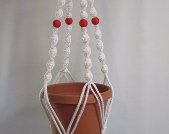 MACRAME Plant Hanger 32 in Deluxe Style with  Red BEADS - 6mm White Cord (Choose Cord Color)