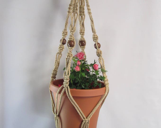 MACRAME Plant Hanger 30 inch Vintage Crown Style with BEADS and 6mm Sand Cord (Choose Cord Color)