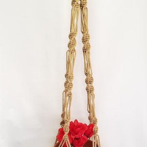 May include: A macrame plant hanger with a terracotta pot and red flowers. The hanger is made of natural rope and has a knotted design.