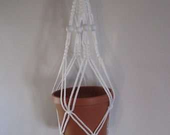 Macrame Plant Hanger 24 Inch Vintage Style WHITE BEADS 4mm Cord Choose Cord Color