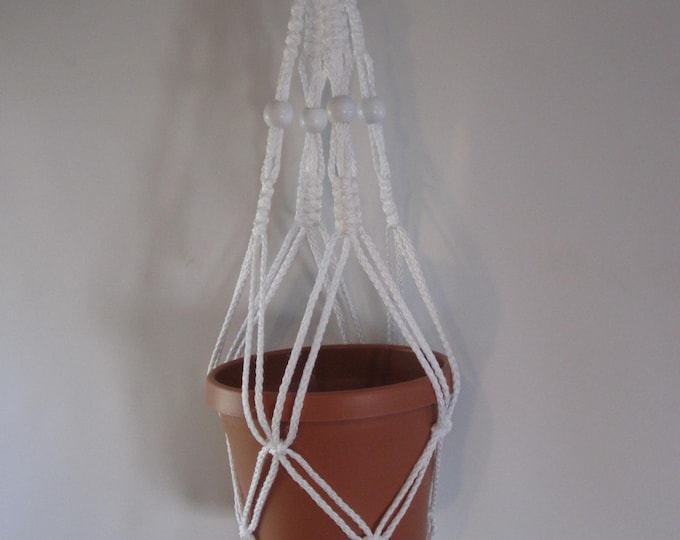 Macrame Plant Hanger 24 Inch Vintage Style WHITE BEADS 4mm Cord Choose Cord Color