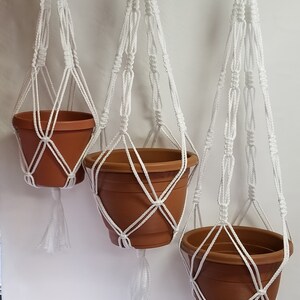 May include: Three white macrame plant hangers with brown terracotta pots. The hangers are made with a knot pattern and have tassels at the bottom.