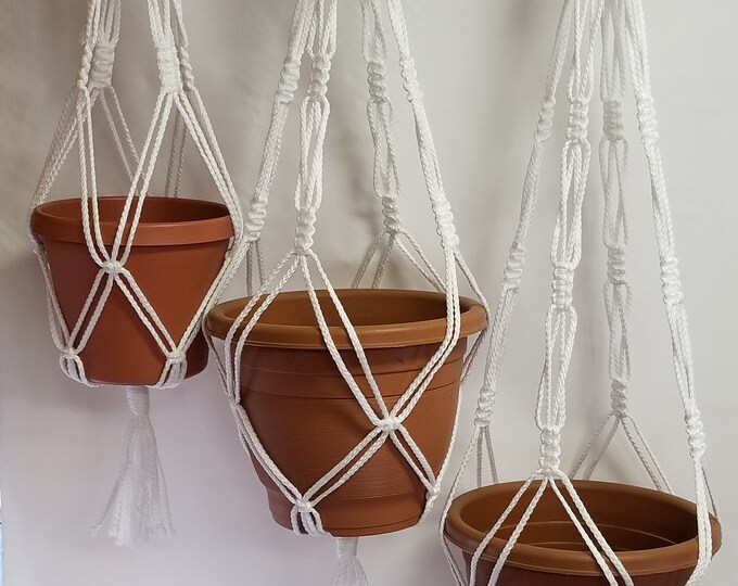 Macrame Plant Hangers Vintage Style TRIO. One 24 inch, One 30 inch, and One 36 inch 4mm White Cord (Choose Cord Color)