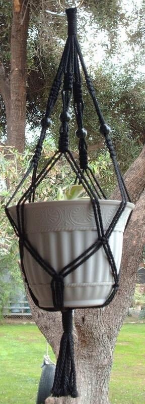 Macrame Plant Hanger 24 Inch Vintage Style BLACK BEADS 4mm Cord Choose Cord  Color