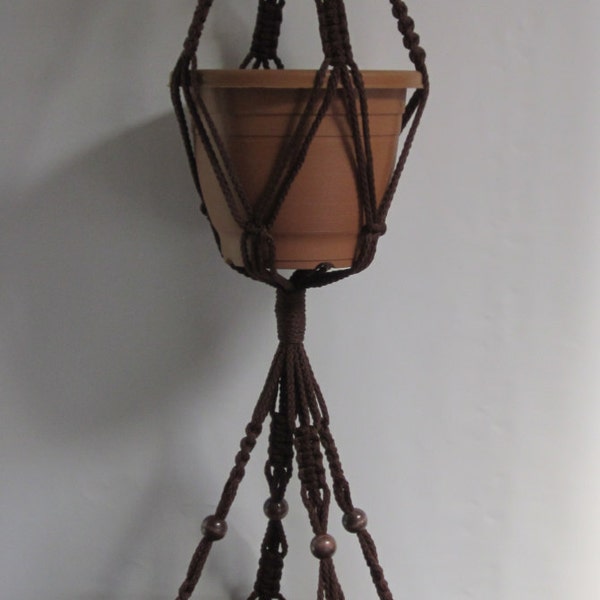 Macrame Plant Hanger 50 Inch 2-TIER with BEADS 6mm Brown Cord (Choose Cord Color) - Double Hanger