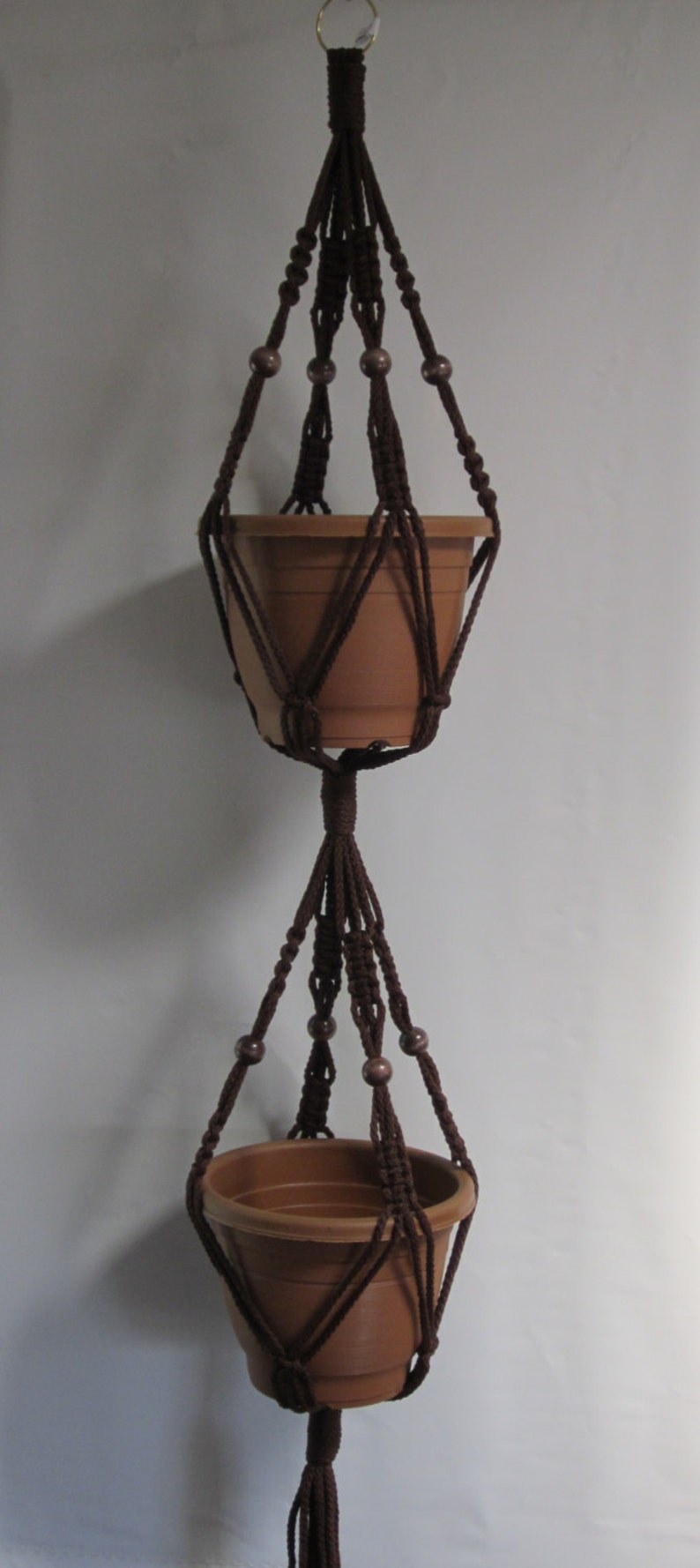 Macrame Plant Hanger 50 Inch 2-TIER with BEADS 6mm Brown Cord Choose Cord Color Double Hanger image 1
