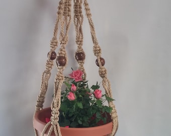 MACRAME Plant Hanger 30 inch Crown Style with BEADS and 6mm Sand Cord (Choose Cord Color)
